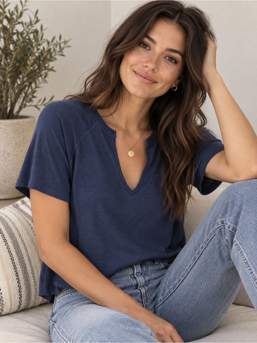 bobi Los Angeles Navy Short-Sleeve V-Notch Tee 100% Cotton
